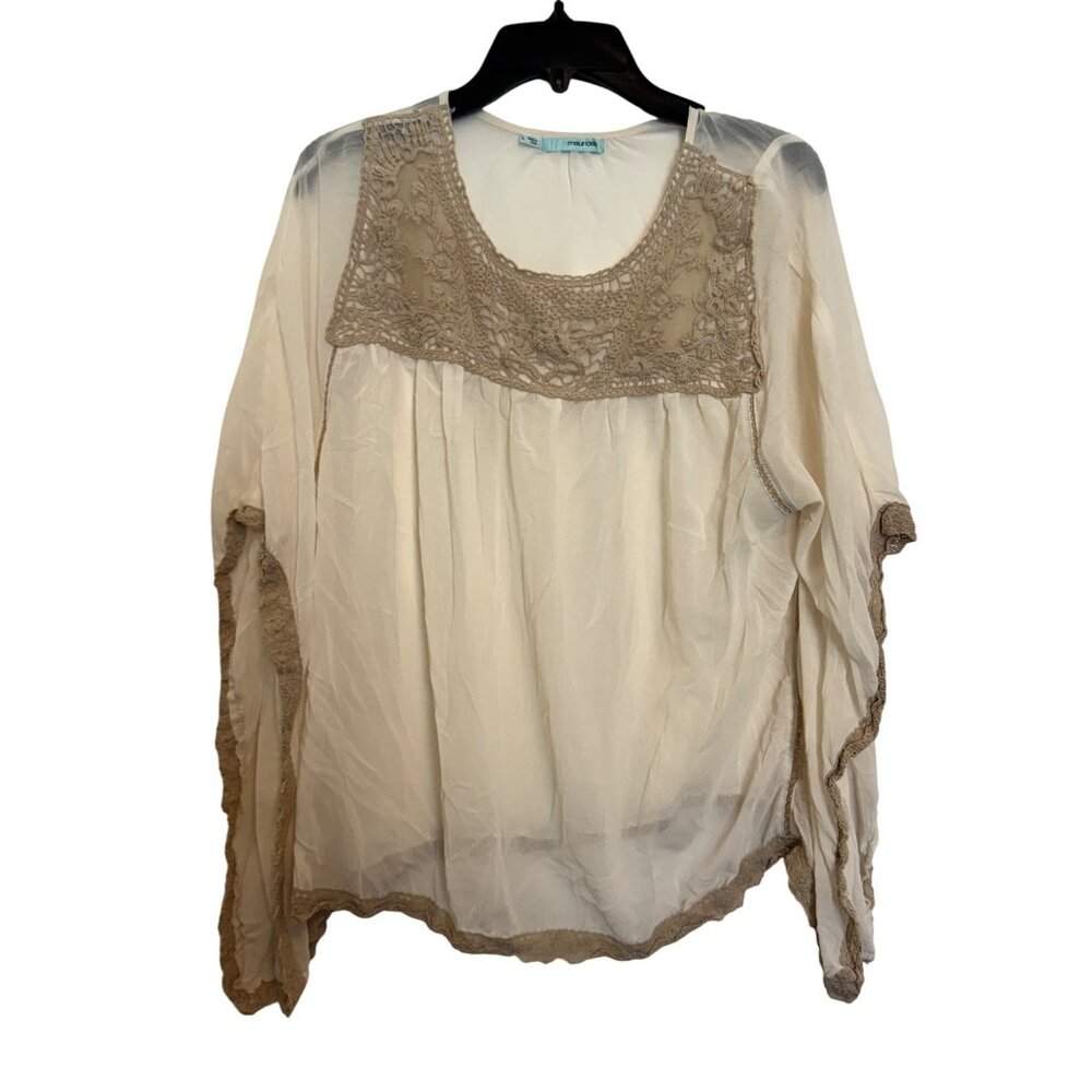 Maurices Boho Sheer Lace Womens Top Size L Ivory Crochet Trim Lightweight